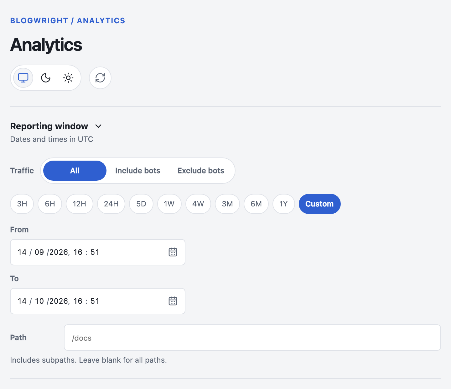 The dashboard’s controls: the reporting window presets and custom range, the traffic selector, and the path filter.